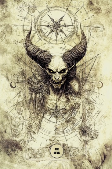 Modern representation of tarot card The Devil symbolizing addiction, obsession, cheating, abuse, violence, assault, AI generated