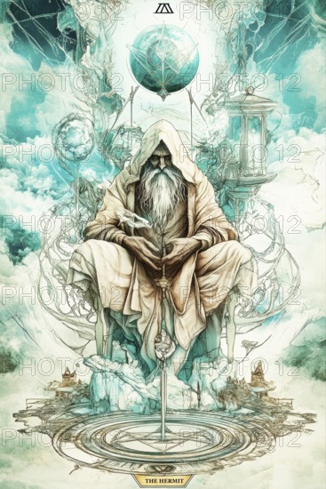 Modern representation of tarot card The Hermit symbolizing enlightenment, soul searching, introspection, contemplation, solitude, Inner wisdom, AI generated