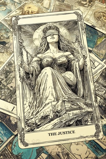 Modern representation of tarot card The Justice symbolizing justice, law, truth, honesty, integrity, AI generated