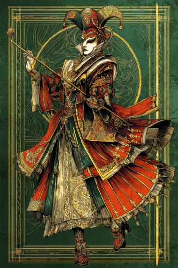 Modern representation of tarot card The Harlequin symbolizing duality, transformation, wit, adaptability, AI generated