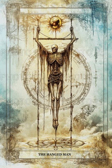 Modern representation of tarot card The Hanged Man symbolizing uncertainty, lack of direction, sacrifice, perspective, AI generated