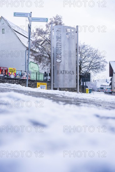 Municipal sign with the inscription 'Town Hall' in a snowy area, Gechingen, Calw district, Germany