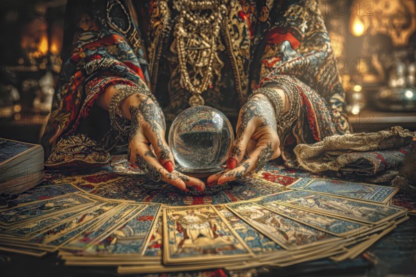 Surreal Woman Fortune Teller with crystal ball and tarot cards symbolizing future, prediction, AI generated
