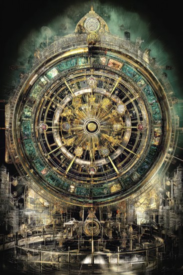 Modern representation of tarot card The Wheel of Fortune symbolizing destiny, change, fortune, chance, cyclical nature of life, unpredictability, AI generated