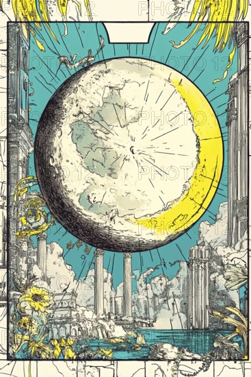 Modern representation of tarot card The Moon symbolizing illusion, dreams, deception, fear, insecurity, subconscious, AI generated