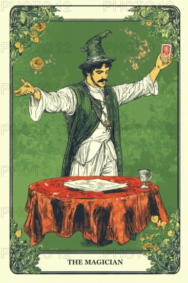 Classical representation of tarot card The Magician symbolizing power, influence, skill, ability, logic, psychic powers, AI generated