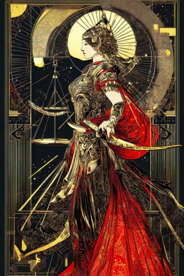 Modern representation of tarot card The Justice symbolizing justice, law, truth, honesty, integrity, AI generated