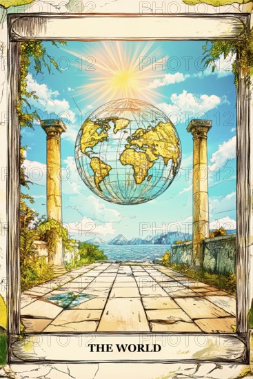 Modern representation of tarot card The World symbolizing completion, fulfilment, achievement, accomplishment, travel, freedom, AI generated