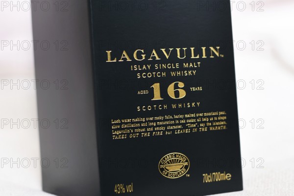 Germany - February 1st 2026: Close up of black cardboard packaging of Lagavulin Islay single malt Scotch whisky aged 16 years