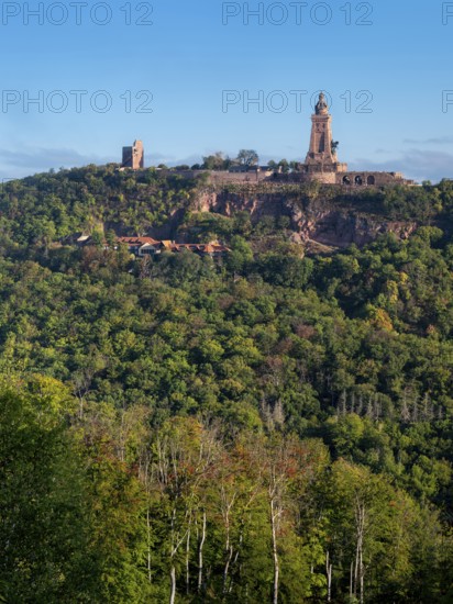 View of the Kyffhäuser Monument and the Kyffhausen Imperial Castle, near Bad Frankenhausen, Thuringia, Germany