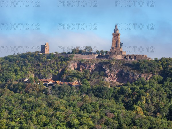View of the Kyffhäuser Monument and the Kyffhausen Imperial Castle, near Bad Frankenhausen, Thuringia, Germany