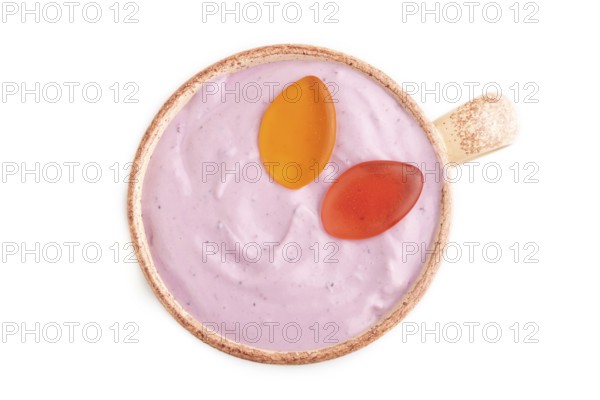 Purple Yogurt, with jelly candy isolated on white background, top view, flat lay, close up, minimalism