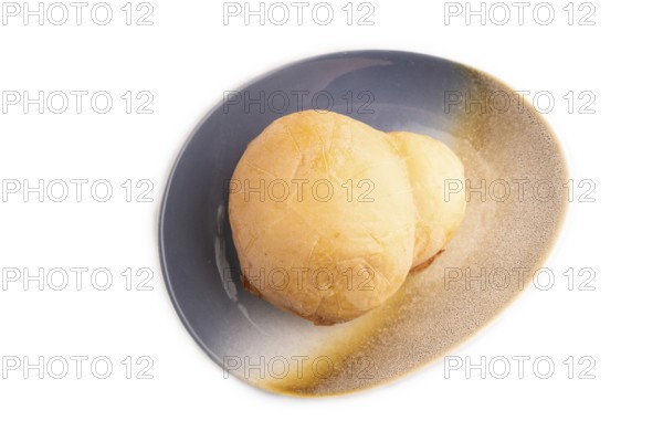 Smoked Mozzarella cheese, with tomatoes and olives isolated on white background, top view, flat lay, copy space