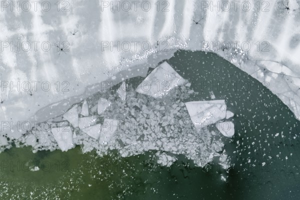 Ice floes, ice sheets, lake, frozen, ice, hoarfrost, cold, winter, sunny, aerial view, foothills of the Alps, Bavaria, Germany