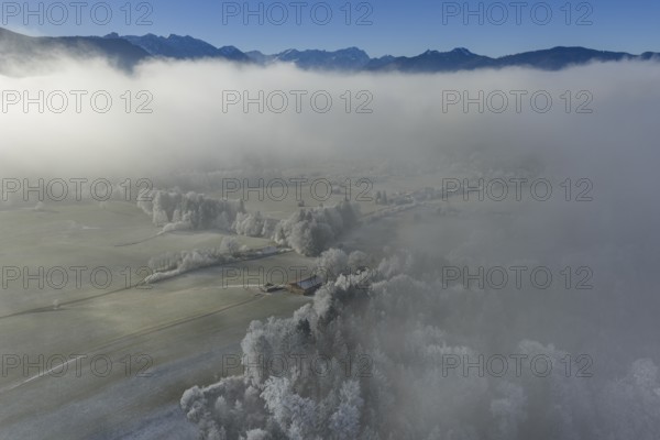 Winter landscape, fog, high fog, mountain landscape, hoarfrost, cold, trees, forest, winter, sunny, aerial view, view of Zugspitze, Laber, foothills of the Alps, Bavaria, Germany