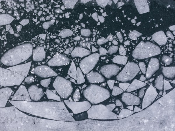 Ice sheets, ice floes, lake, frozen, ice, hoarfrost, cold, winter, sunny, aerial view, foothills of the Alps, Bavaria, Germany