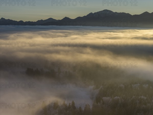 Sunrise, fog, high fog, mountain landscape, back light, hoarfrost, cold, winter, sunny, aerial view, view of Heimgarten, Estergebirge, foothills of the Alps, Bavaria, GermanyDefault