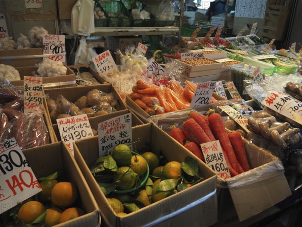 Market stand with a selection of fresh vegetables and fruits in bright colors, Tsukiji Outer Market, Tokyo, Japan