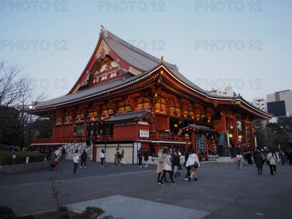 Large illuminated temple with people in front of it in the evening, Sensoji Temple, Tokyo, Japan