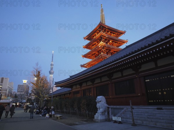 Illuminated pagoda in a temple complex at sunset, Sensoji Temple, Tokyo, Japan