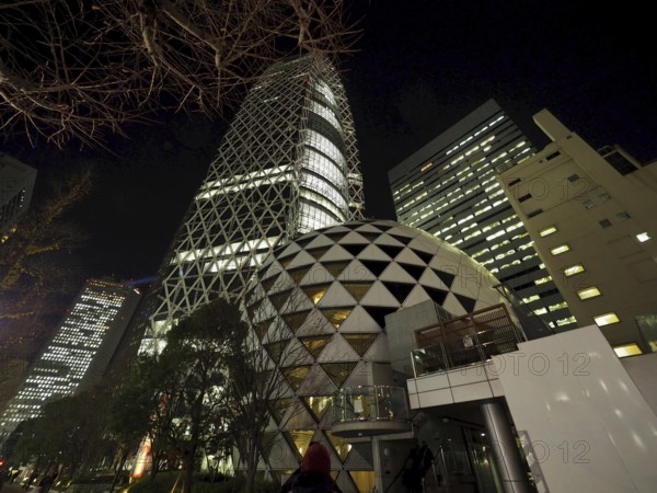 Modern skyscrapers illuminated at night in an urban setting, Shinjuku, Tokyo, Japan