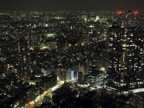 Nighttime cityscape with a variety of illuminated buildings and streets, Tokyo, Japan