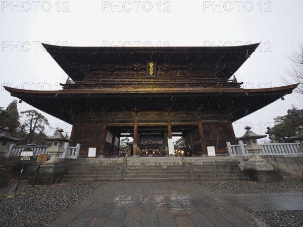 Large traditional temple in Japan, illuminated at night, majestic and impressive, Zenko-ji Temple, Nagano, Japan
