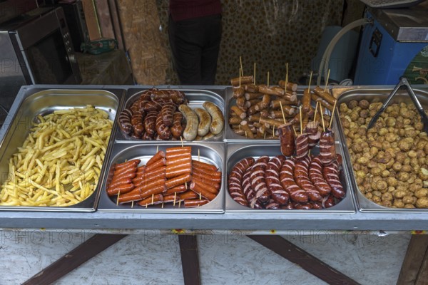 Typical Ukrainian sausage specialties at fast food, Lviv, Ukraine