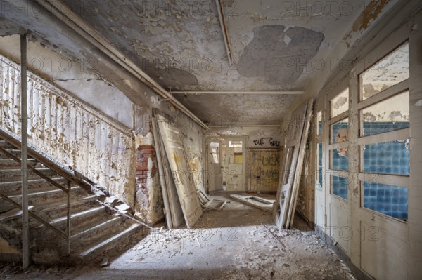 Staircase of a former sanatorium, Lost Place, Thuringia, Germany
