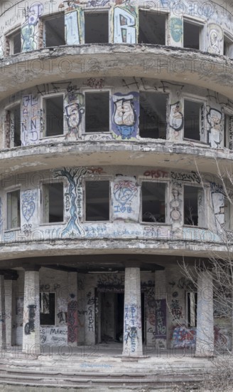 Dilapidated façade full of graffiti in a former FDGB holiday home, Lost Place, Saxony-Anhalt, Germany