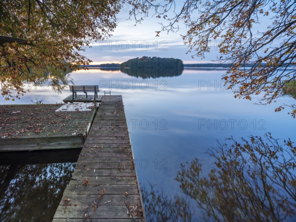 Quiet lake in autumn after sunset at dusk, colorful foliage lying on a jetty, Großer Lychensee, Lychen, Brandenburg, Germany
