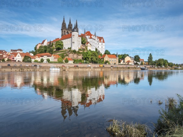 castle hill with cathedral and Albrechtsburg is reflected in the river Elbe, Meissen, Saxony, Germany