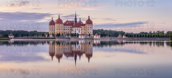 Panorama, Moritzburg Castle, Augusts the Strong hunting lodge at dawn, water reflection in the lake, Saxony, Germany