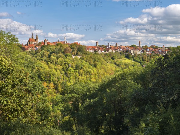 View over the Tauber Valley to the historic old town, Rothenburg ob der Tauber, Middle Franconia, Bavaria, Germany