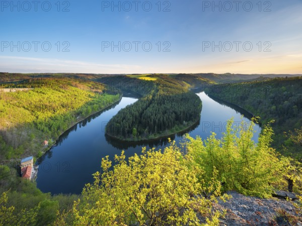 View of the Saale loop in the evening light, Hohenwarte Reservoir, Thuringian Highlands nature park Park, Obere Saale, Thuringia, Germany