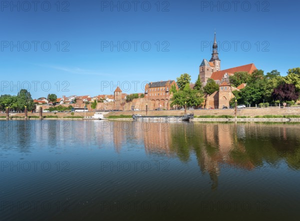 View across the Elbe harbor to the old town with St. Stephen's church and city wall, brick architecture, Tangermünde, Altmark, Saxony-Anhalt, Germany