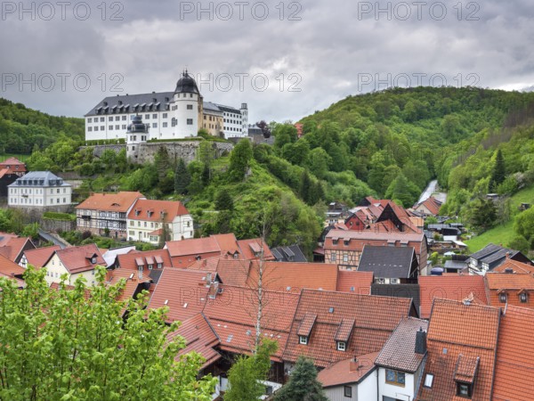 View of Stolberg with the castle and half-timbered houses of the historic old town, Stolberg im Harz, Saxony-Anhalt, Germany