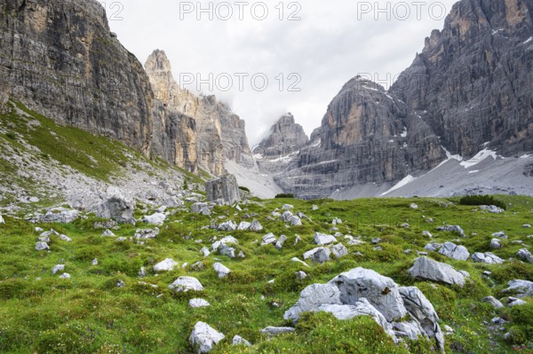 Cliffs and pinnacles in fog, Brenta Mountains, Brenta-Adamello Natural Park, Trentino, Italy