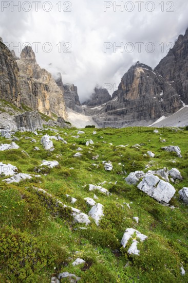 Cliffs and pinnacles in fog, Brenta Mountains, Brenta-Adamello Natural Park, Trentino, Italy