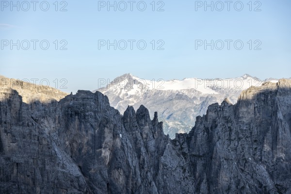 Adamello mountain peak with glacier, in front Brenta Mountains, Brenta-Adamello Natural Park, Trentino, Italy