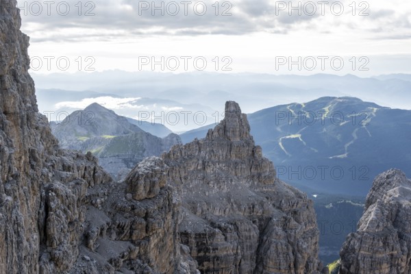 View from the Bocchette Centrale band trail, via ferrata in the Brenta Mountains, Brenta-Adamello Natural Park, Trentino, Italy