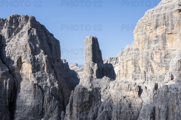 Campanile Alto and Cima Brenta Alta, Bocchette Centrale band trail, via ferrata in the Brenta Mountains, Brenta-Adamello Natural Park, Trentino, Italy