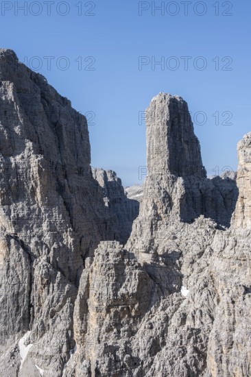 Campanile Alto pinnacle, Bocchette Centrale band trail, via ferrata in the Brenta Mountains, Brenta-Adamello Natural Park, Trentino, Italy