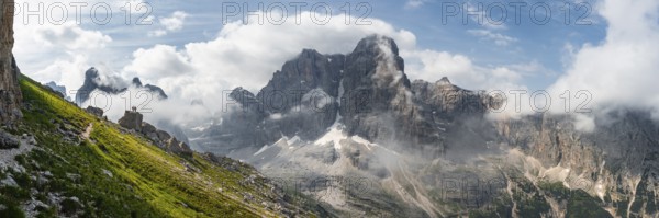 Alpine panorama, fog and Torre Di Brentai and Cima Tosa, rocky mountain peaks and mountain landscape, Brenta Mountains, Brenta-Adamello Natural Park, Trentino, Italy