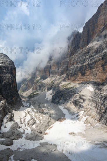 Fog, Rocky Mountain Peaks and Mountain Landscape, Brenta Mountains, Brenta-Adamello Natural Park, Trentino, Italy
