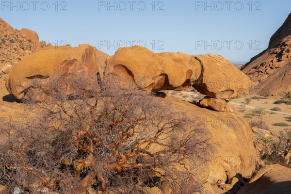 Dry desert landscape with distinctive sandstone formations, Spitzkoppe, Namibia