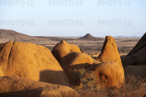 Panoramic view of the rocky landscape and the distant desert of Spitzkoppe, Spitzkoppe, Namibia