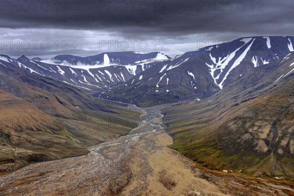 Aerial view over Adventdalen in summer, 30-kilometre valley and river Adventdalselva on the island Spitsbergen in Svalbard, Norway