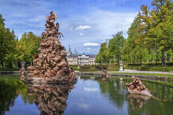Rococo sculptures and fountain in the Gardens of the Royal Palace of La Granja de San Ildefonso, Segovia, Castile and León / Castilla y León, Spain