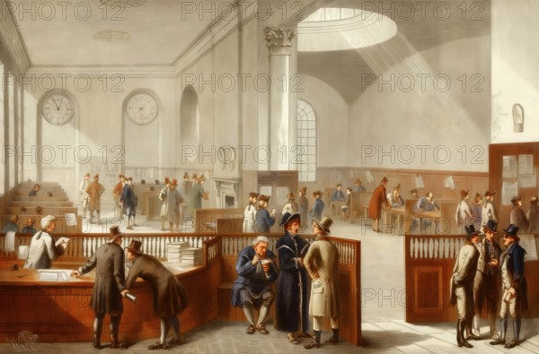 The Subscription Room, early 19th century, Interior of Lloyd's of London, also known as Lloyd's, an insurance and reinsurance market located in London, England, United Kingdom
